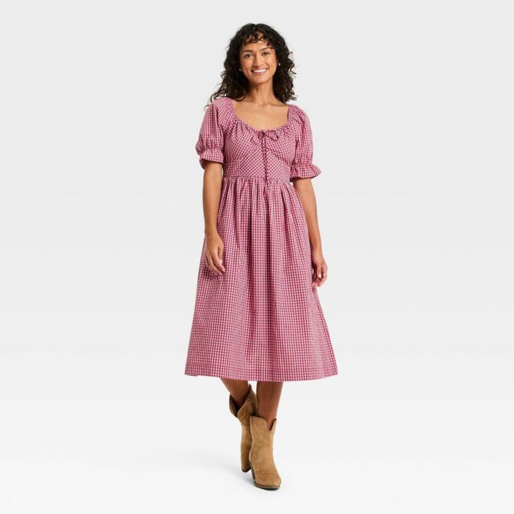 Women's Puff Elbow Sleeve Midi A-Line Dress - Universal Thread Red Check XL